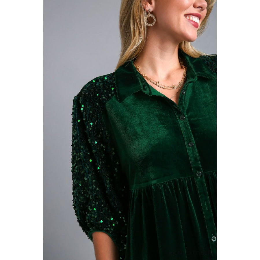 Umgee Sequin Detail Tiered Back Half Sleeve Shirt Apparel and Accessories