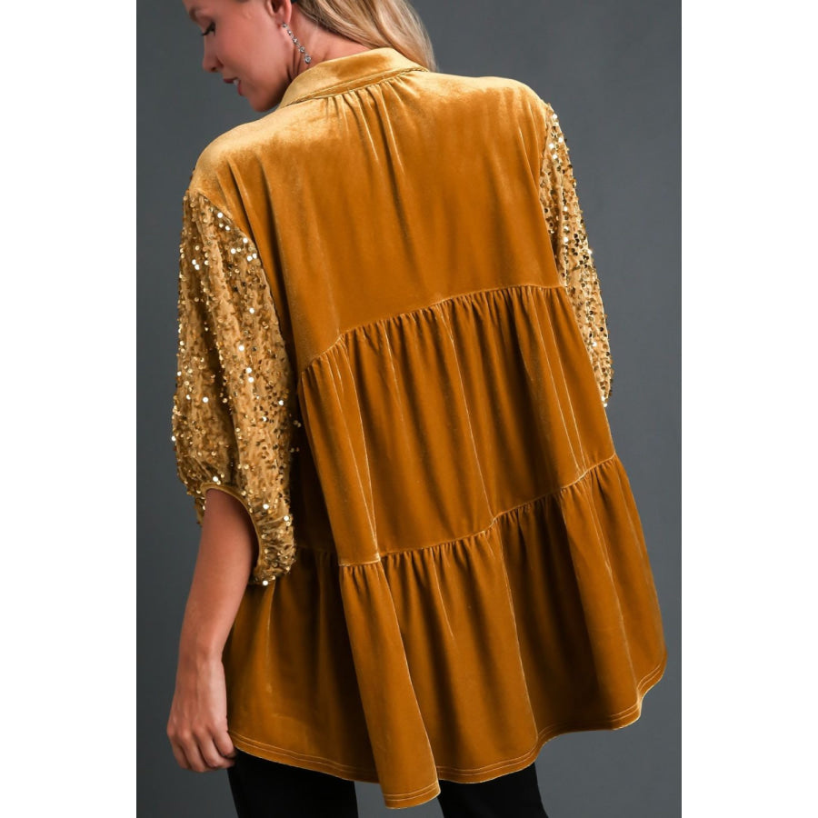 Umgee Sequin Detail Tiered Back Half Sleeve Shirt Apparel and Accessories