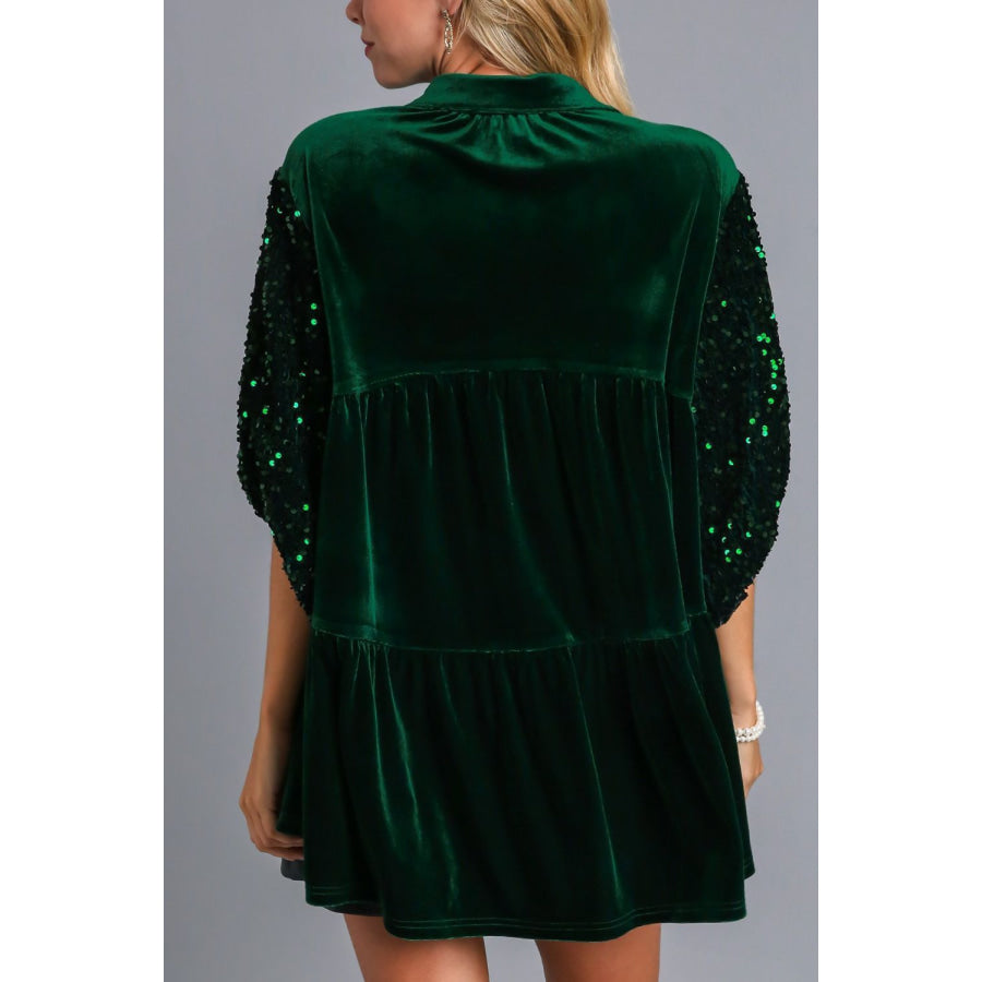 Umgee Sequin Detail Tiered Back Half Sleeve Shirt Apparel and Accessories