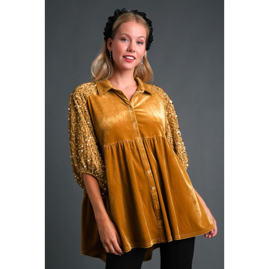 Umgee Sequin Detail Tiered Back Half Sleeve Shirt Mustard / S Apparel and Accessories