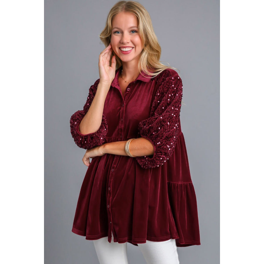 Umgee Sequin Detail Tiered Back Half Sleeve Shirt Wine / S Apparel and Accessories