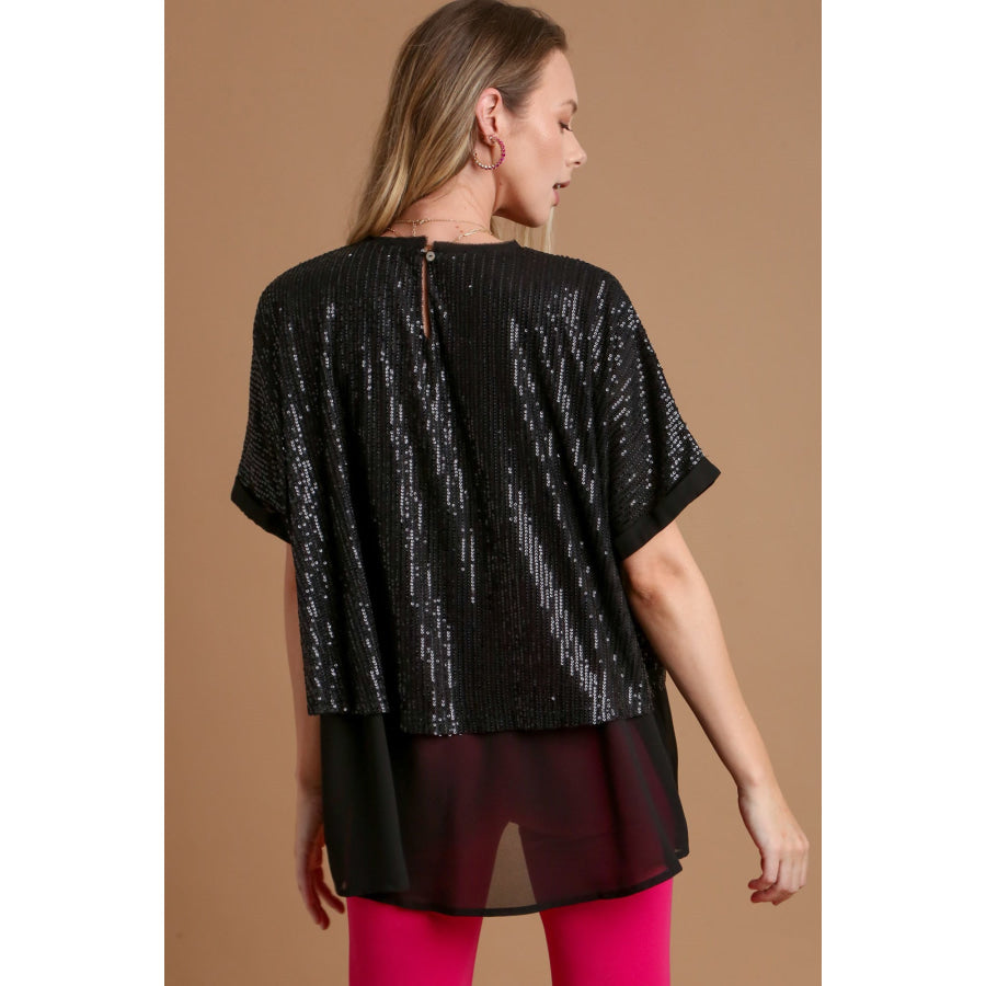 Umgee Sequin Half Sleeve Layered Blouse Black / S Apparel and Accessories