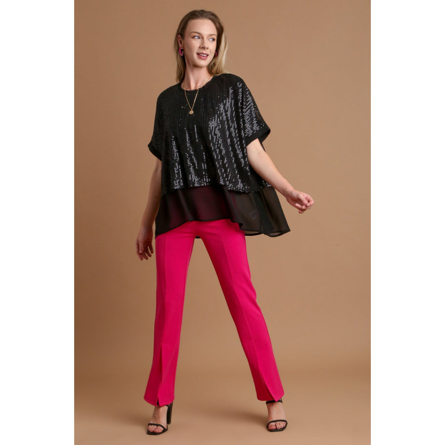 Umgee Sequin Half Sleeve Layered Blouse Apparel and Accessories