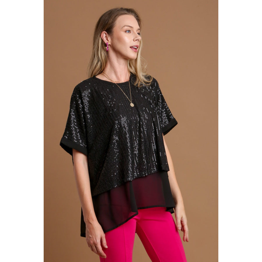 Umgee Sequin Half Sleeve Layered Blouse Black / S Apparel and Accessories