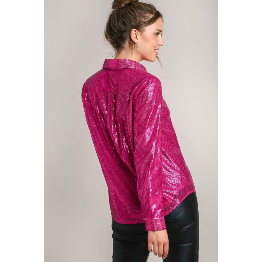 Umgee Sequin Long Sleeve Shirt with Side Chest Pocket Apparel and Accessories