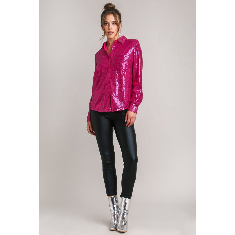 Umgee Sequin Long Sleeve Shirt with Side Chest Pocket Apparel and Accessories