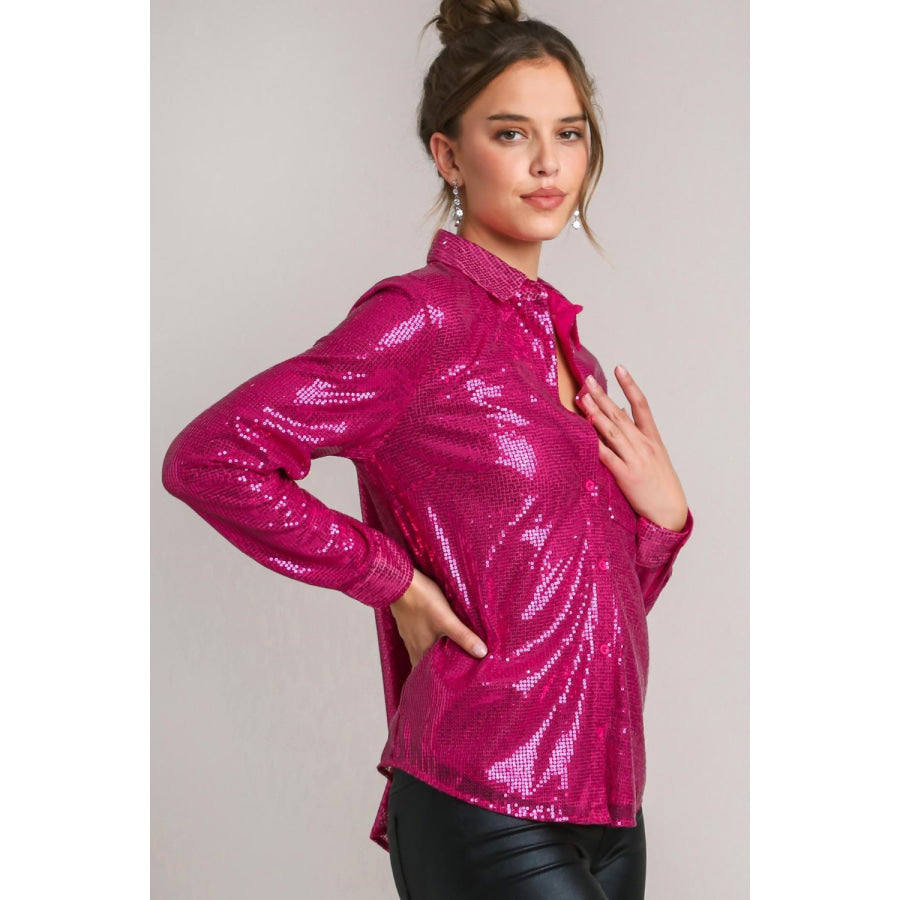 Umgee Sequin Long Sleeve Shirt with Side Chest Pocket Apparel and Accessories