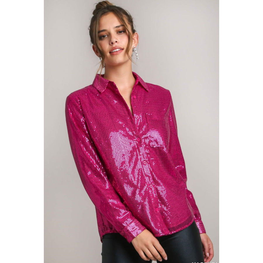 Umgee Sequin Long Sleeve Shirt with Side Chest Pocket Cerise / S Apparel and Accessories