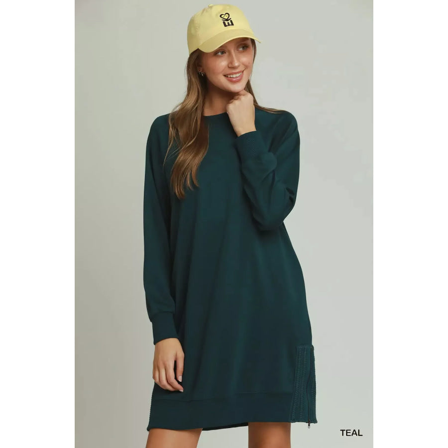 Umgee Side Crochet Zipper Detailed Dress TEAL / S Apparel and Accessories