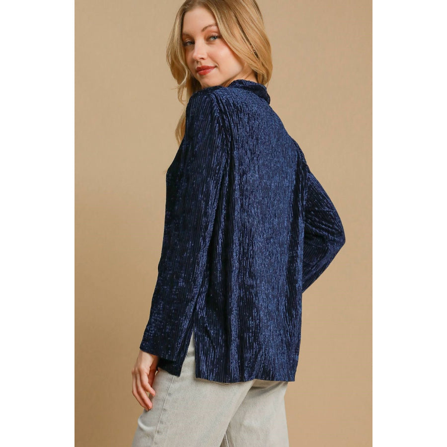 Umgee Side Slit Texture Button Up Shirt Navy / S Apparel and Accessories