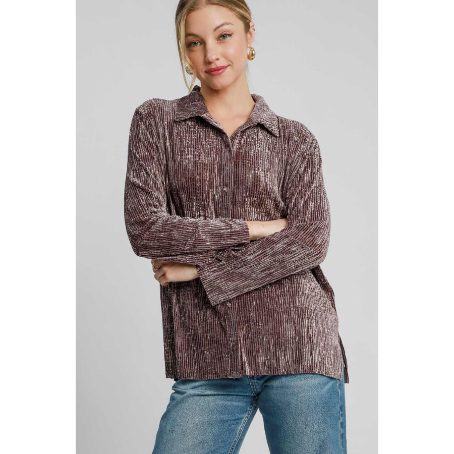 Umgee Side Slit Texture Button Up Shirt Brown / S Apparel and Accessories