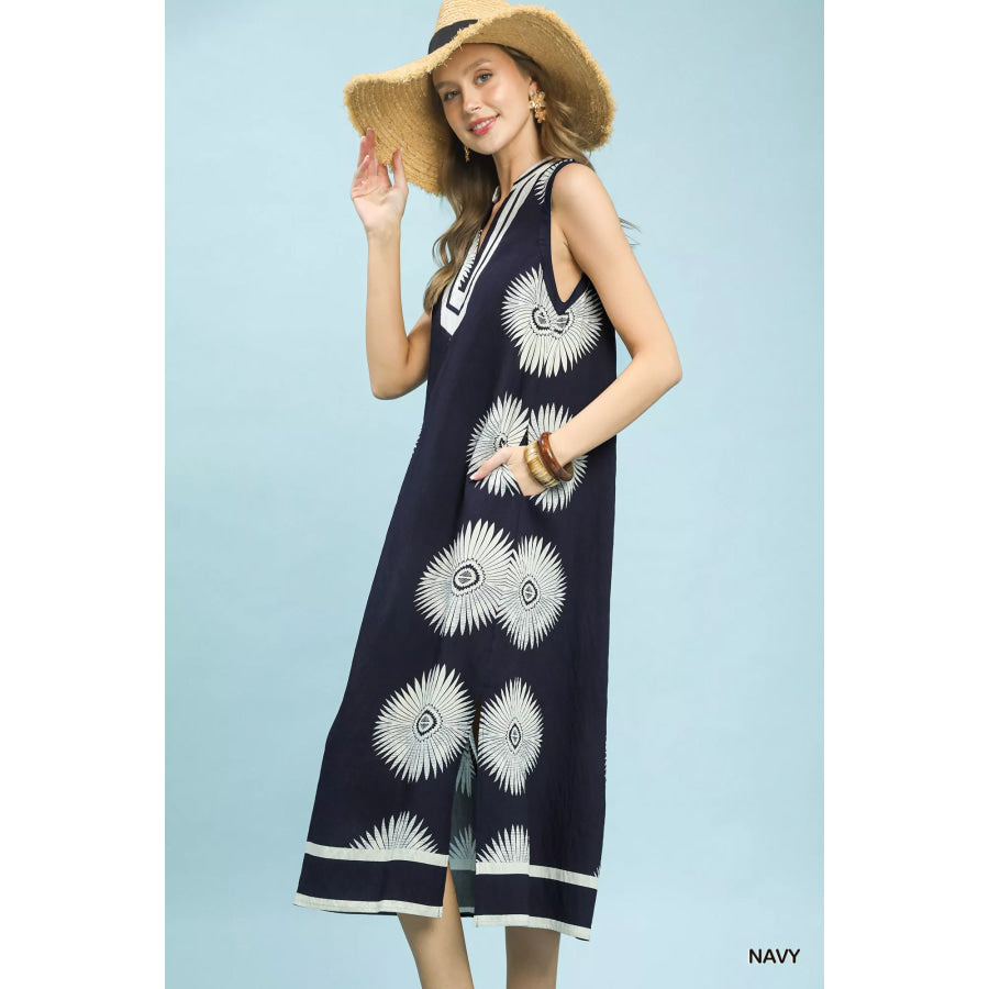 Umgee Sleeveless Geometric Midi Dress NAVY / S Apparel and Accessories