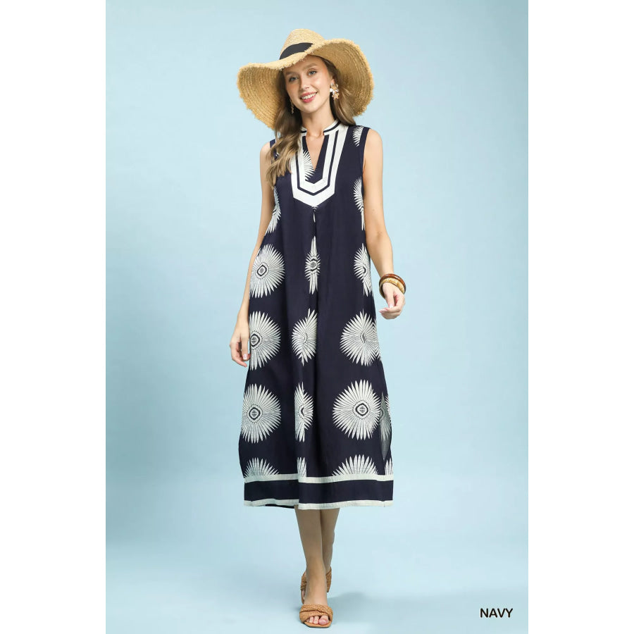 Umgee Sleeveless Geometric Midi Dress NAVY / S Apparel and Accessories