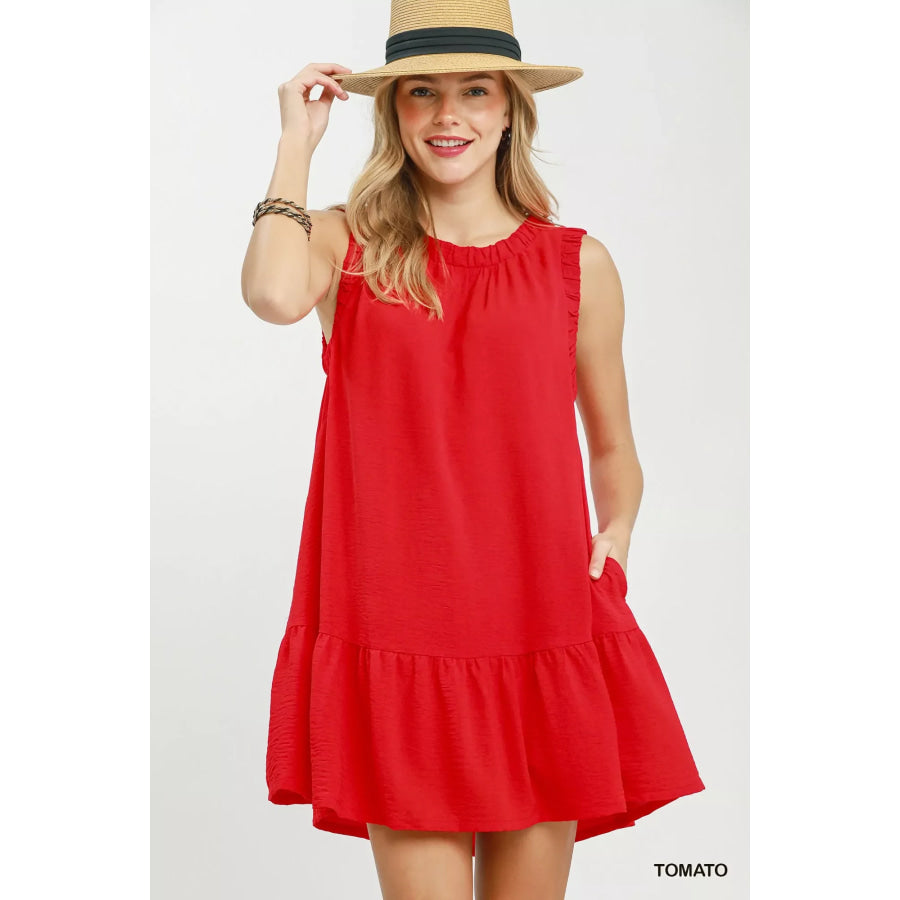 Umgee Sleeveless Ruffle Trim Drop Waist Mini Dress TOMATO / S Apparel and Accessories