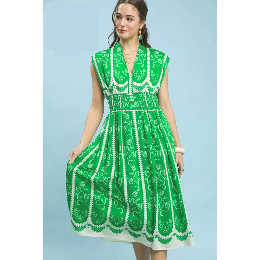 Umgee Sleeveless Smocked Midi Dress ISLAND GREEN / S Apparel and Accessories