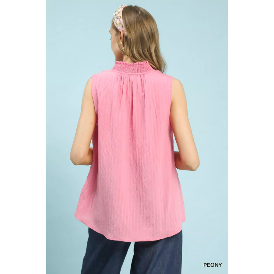 Umgee Sleeveless Textured Notch Neck Top Apparel and Accessories