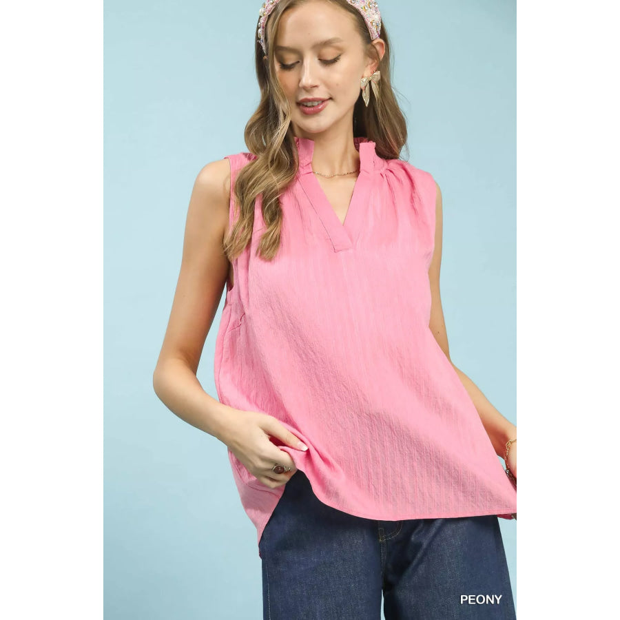 Umgee Sleeveless Textured Notch Neck Top PEONY / S Apparel and Accessories