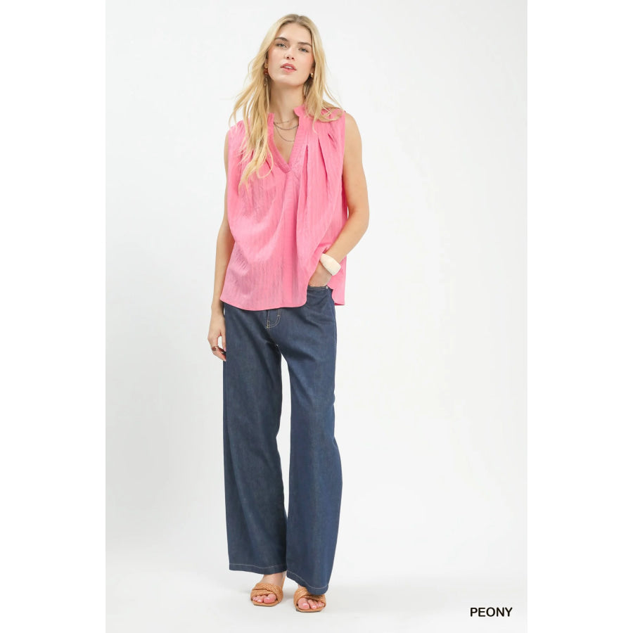 Umgee Sleeveless Textured Split Neck Top Apparel and Accessories