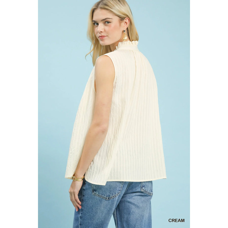 Umgee Sleeveless Textured Split Neck Top Apparel and Accessories