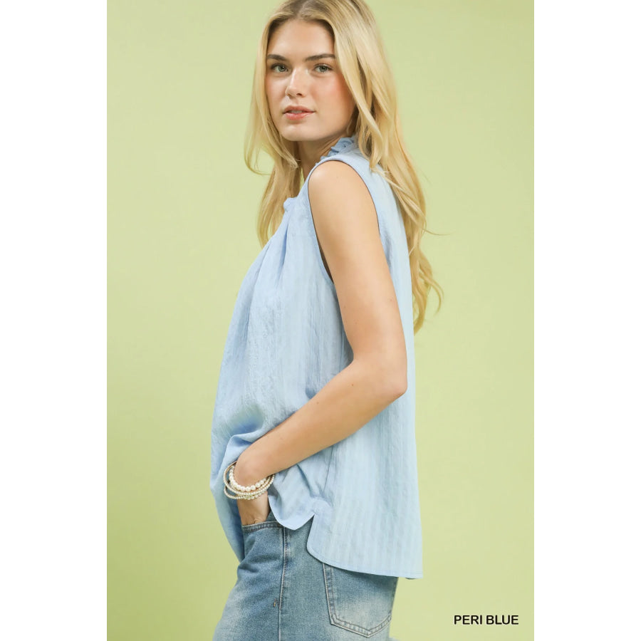 Umgee Sleeveless Textured Split Neck Top PERI BLUE / S Apparel and Accessories