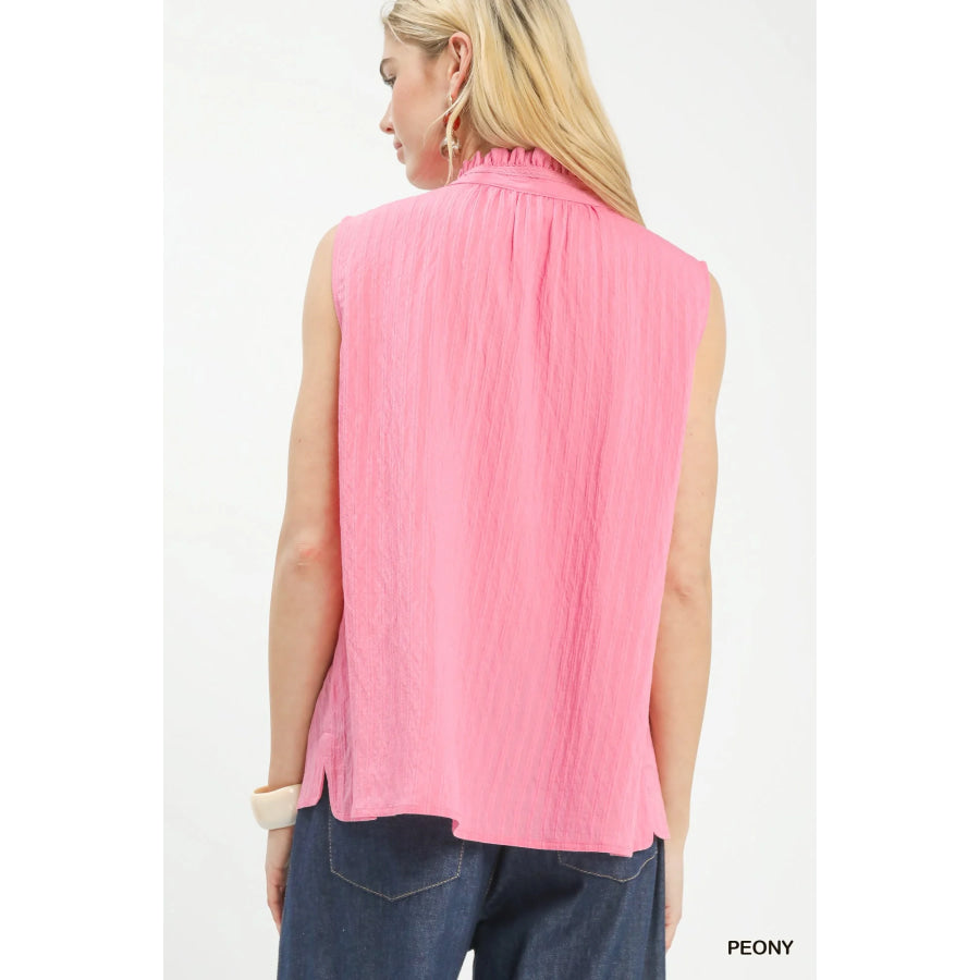 Umgee Sleeveless Textured Split Neck Top Apparel and Accessories