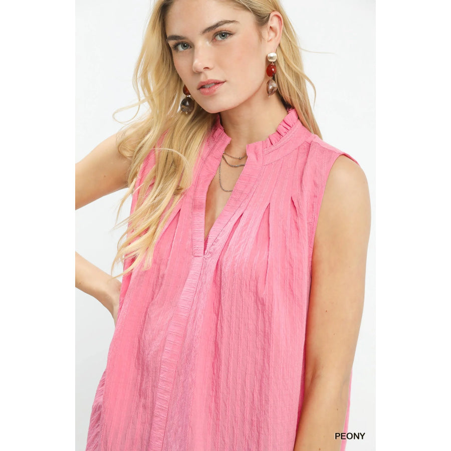 Umgee Sleeveless Textured Split Neck Top Apparel and Accessories