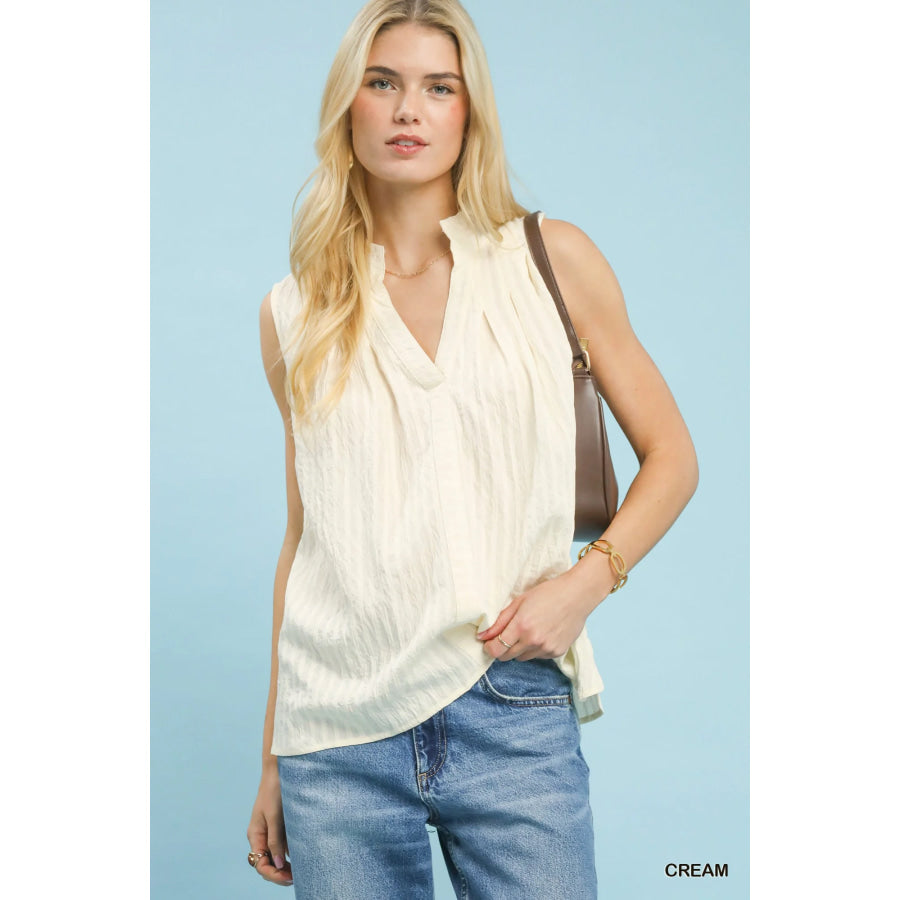 Umgee Sleeveless Textured Split Neck Top CREAM / S Apparel and Accessories