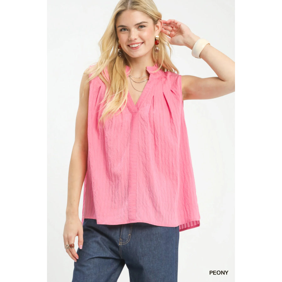 Umgee Sleeveless Textured Split Neck Top PEONY / S Apparel and Accessories