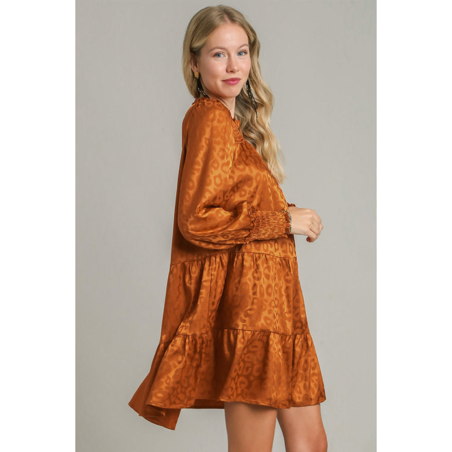 Umgee Smocked Leopard Long Sleeve Tiered Dress Apparel and Accessories