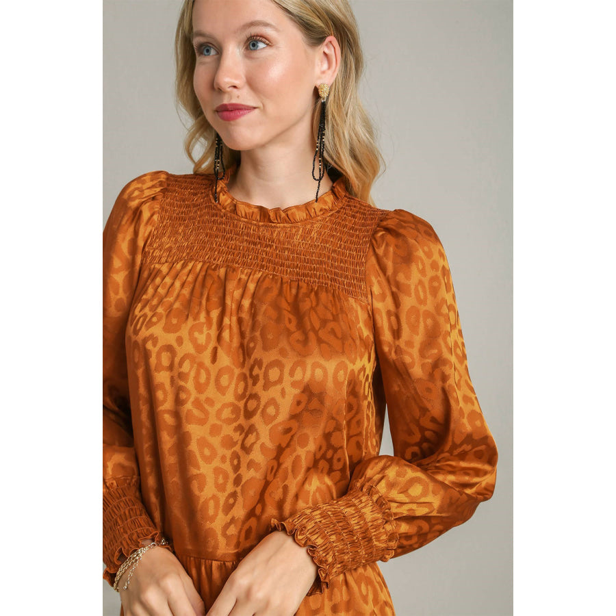 Umgee Smocked Leopard Long Sleeve Tiered Dress Apparel and Accessories