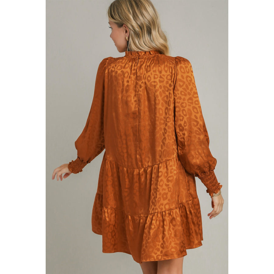 Umgee Smocked Leopard Long Sleeve Tiered Dress Copper / S Apparel and Accessories