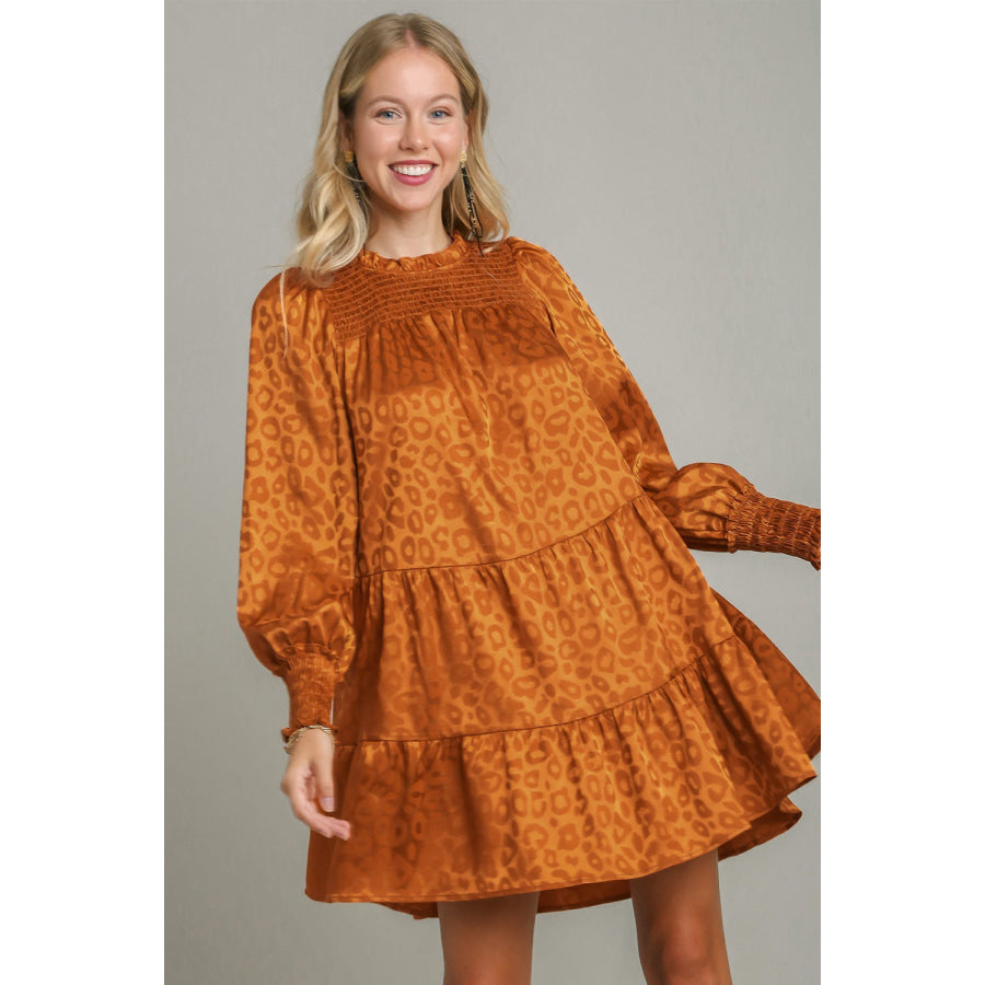 Umgee Smocked Leopard Long Sleeve Tiered Dress Copper / S Apparel and Accessories