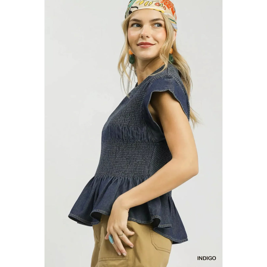 Umgee Smocked Peplum Top with Scalloped Ruffle Cap Sleeves Apparel and Accessories