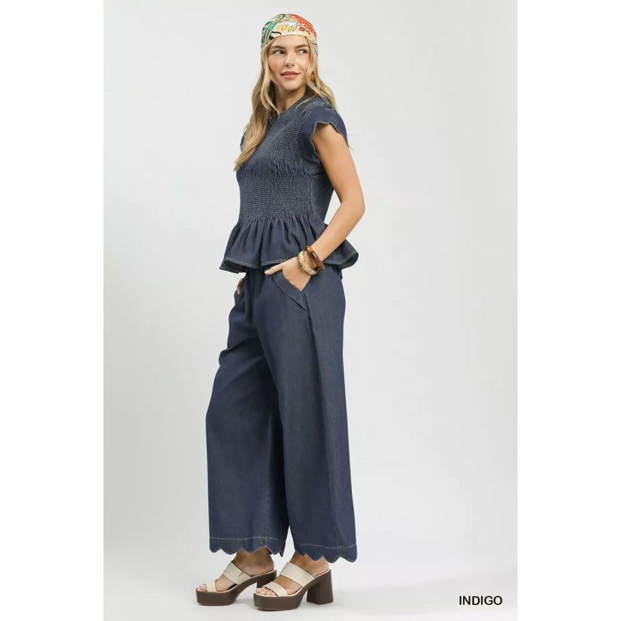 Umgee Smocked Peplum Top with Scalloped Ruffle Cap Sleeves Apparel and Accessories