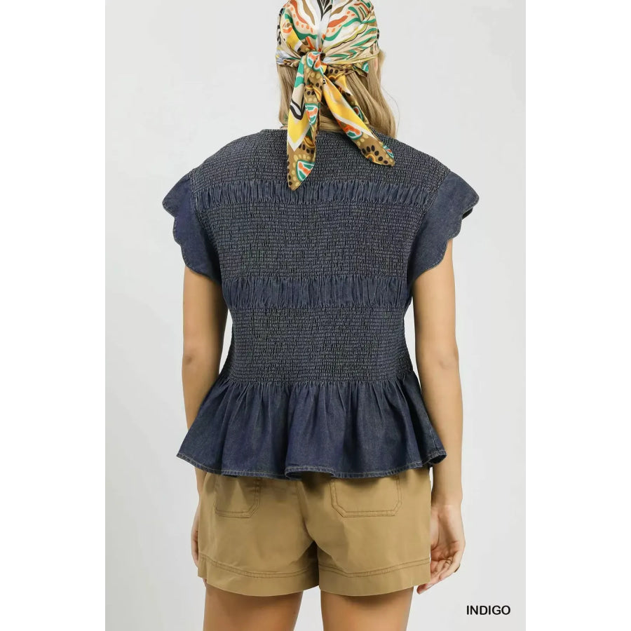 Umgee Smocked Peplum Top with Scalloped Ruffle Cap Sleeves Apparel and Accessories