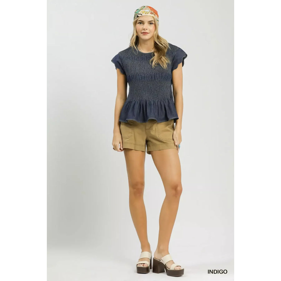 Umgee Smocked Peplum Top with Scalloped Ruffle Cap Sleeves Apparel and Accessories