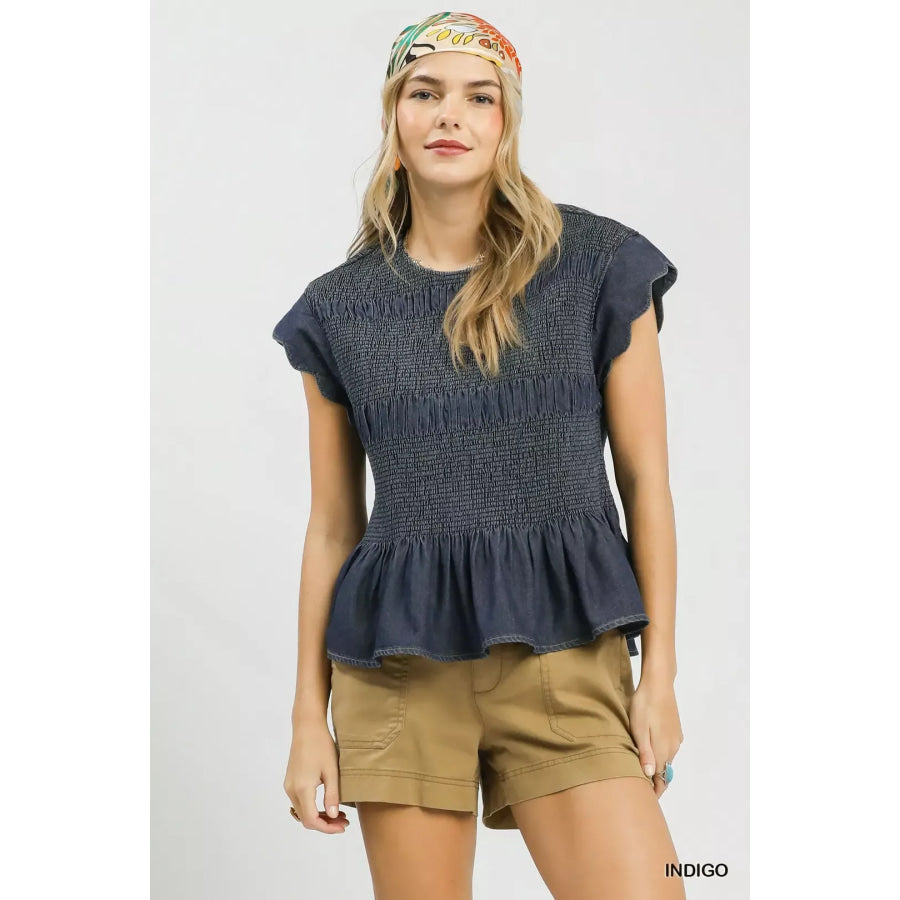 Umgee Smocked Peplum Top with Scalloped Ruffle Cap Sleeves INDIGO / S Apparel and Accessories