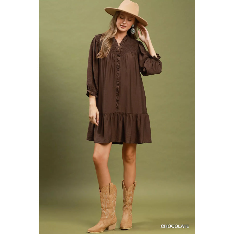 Umgee Smocked Ruffle Detail Tiered Mini Dress Apparel and Accessories