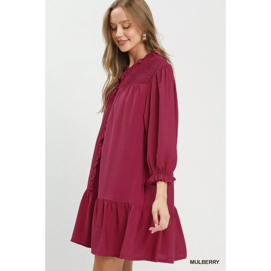 Umgee Smocked Ruffle Detail Tiered Mini Dress MULBERRY / S Apparel and Accessories