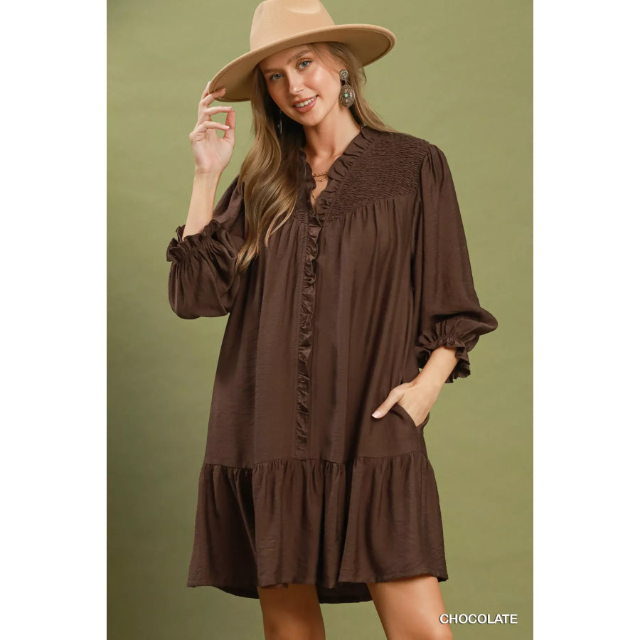 Umgee Smocked Ruffle Detail Tiered Mini Dress CHOCOLATE / S Apparel and Accessories