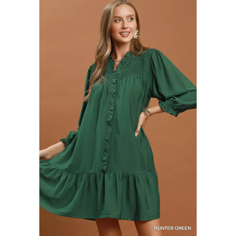 Umgee Smocked Ruffle Detail Tiered Mini Dress HUNTER GREEN / S Apparel and Accessories