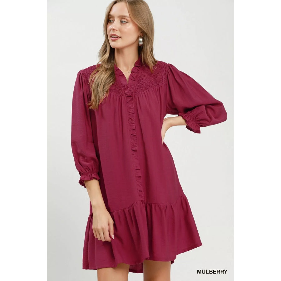 Umgee Smocked Ruffle Detail Tiered Mini Dress MULBERRY / S Apparel and Accessories
