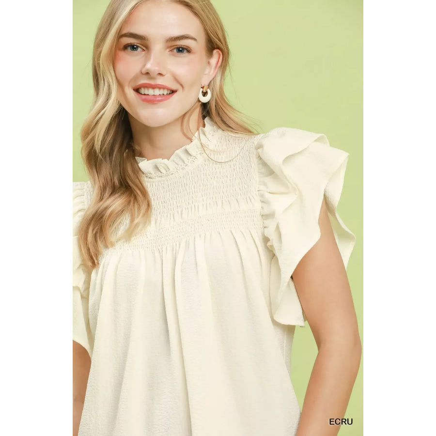 Umgee Smocked Ruffle Sleeve Textured Top Apparel and Accessories