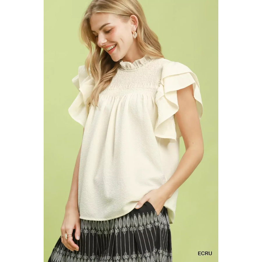 Umgee Smocked Ruffle Sleeve Textured Top Apparel and Accessories