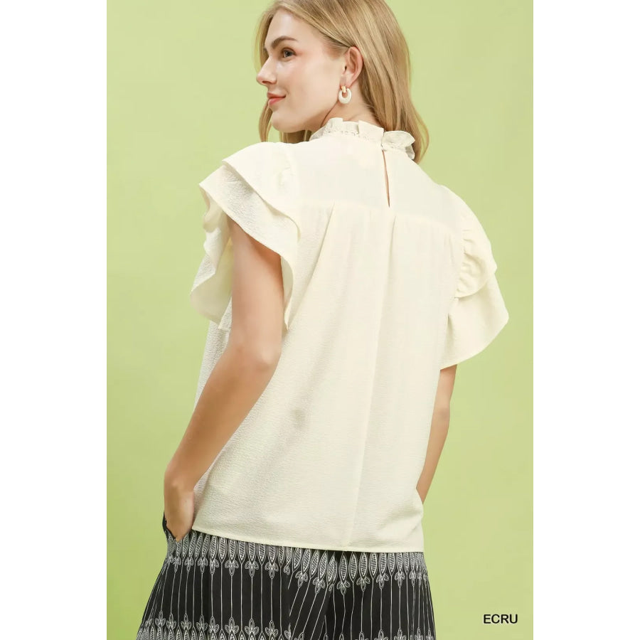 Umgee Smocked Ruffle Sleeve Textured Top Apparel and Accessories