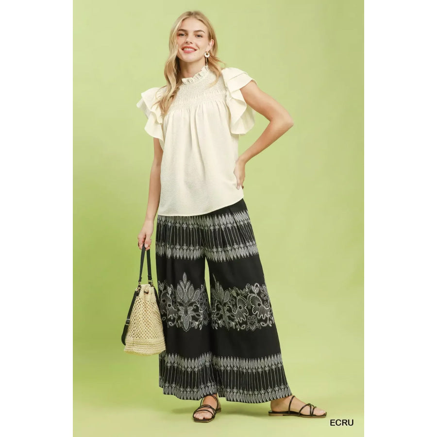 Umgee Smocked Ruffle Sleeve Textured Top Apparel and Accessories