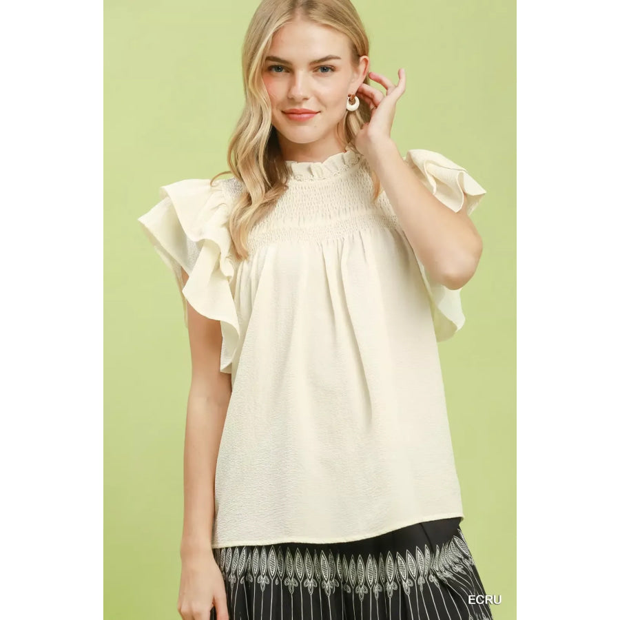 Umgee Smocked Ruffle Sleeve Textured Top ECRU / S Apparel and Accessories