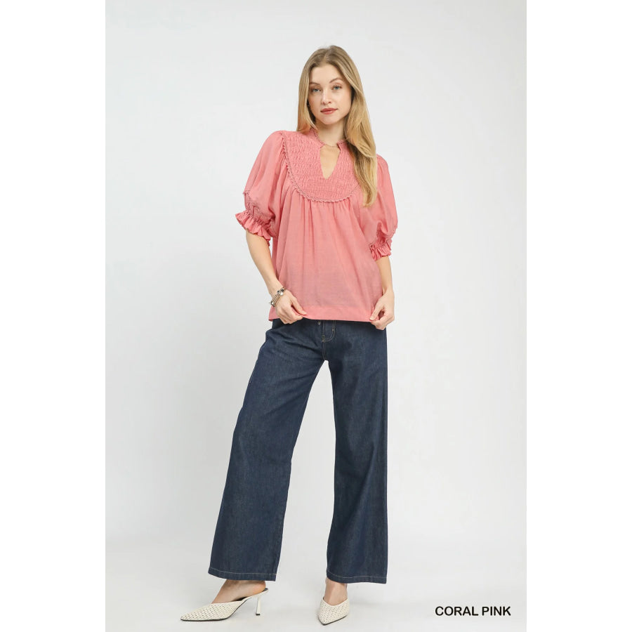 Umgee Smocked Yoke Blouse with Ruffle Sleeves Apparel and Accessories
