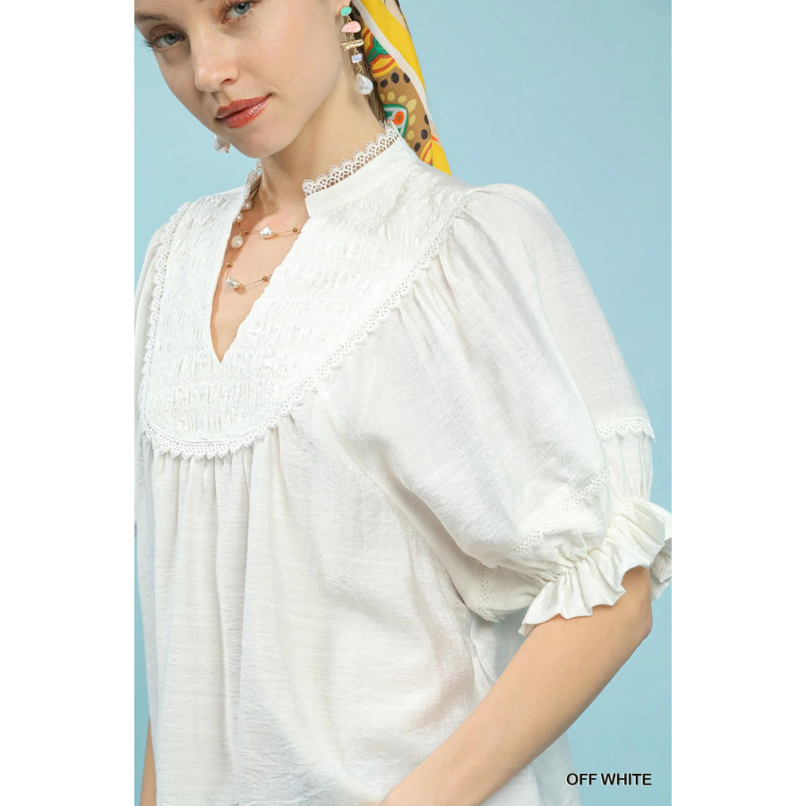 Umgee Smocked Yoke Blouse with Ruffle Sleeves Apparel and Accessories