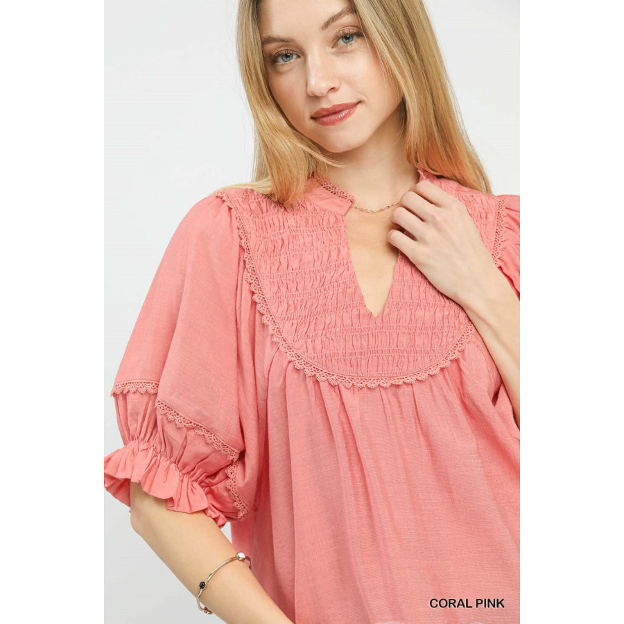 Umgee Smocked Yoke Blouse with Ruffle Sleeves Apparel and Accessories
